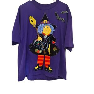 Vintage Halloween Witch T-Shirt XL Jerzees USA Purple Double Sided Graphic 90s